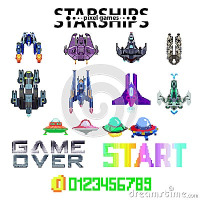 Arcade Retro video game, 8 bit, arcade warships, shooting, map background. Battles under the stars. Old computer games. Stock Photo